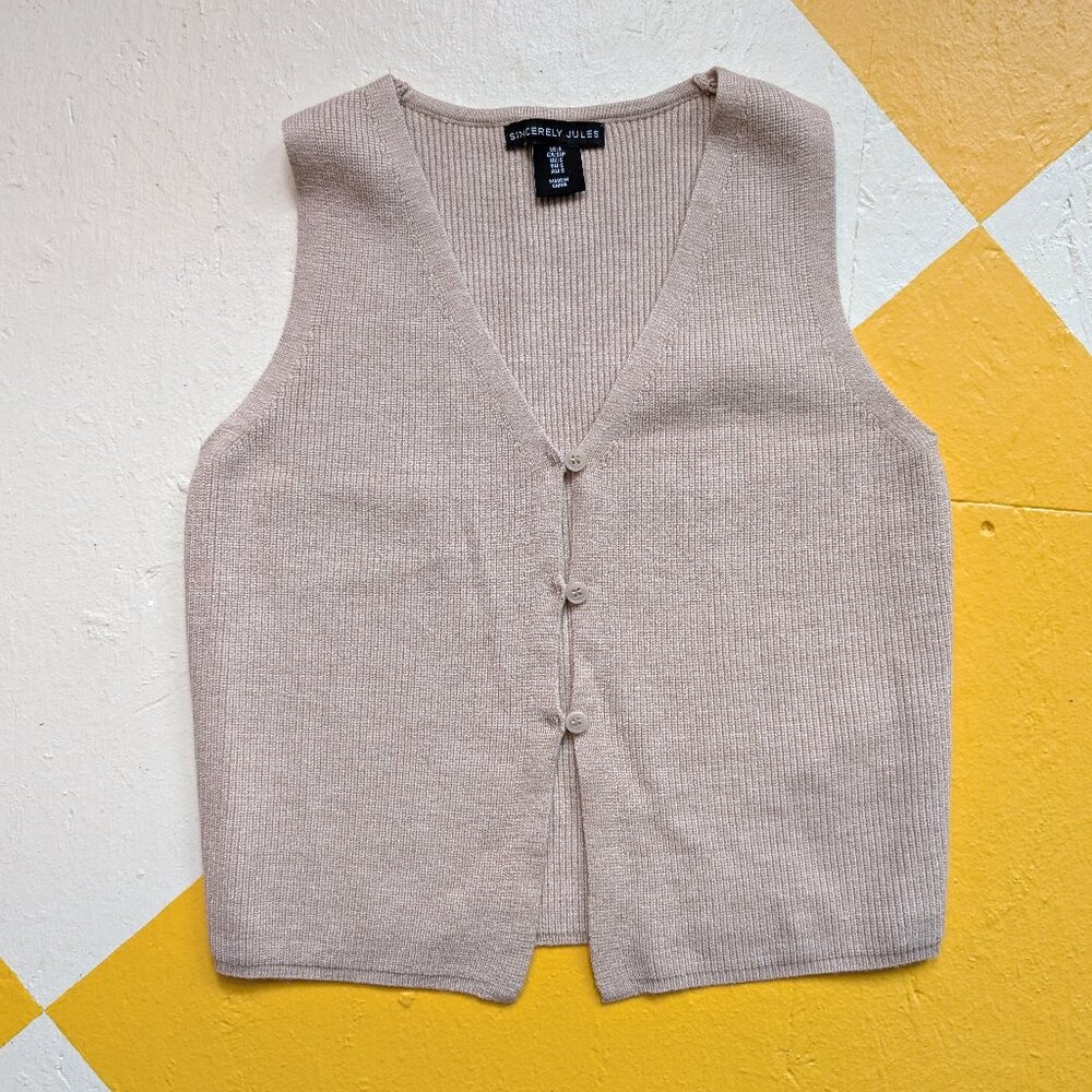 Beige Super Soft Open Front Button Peekaboo Sleeveless Vest Sweater Top Shirt